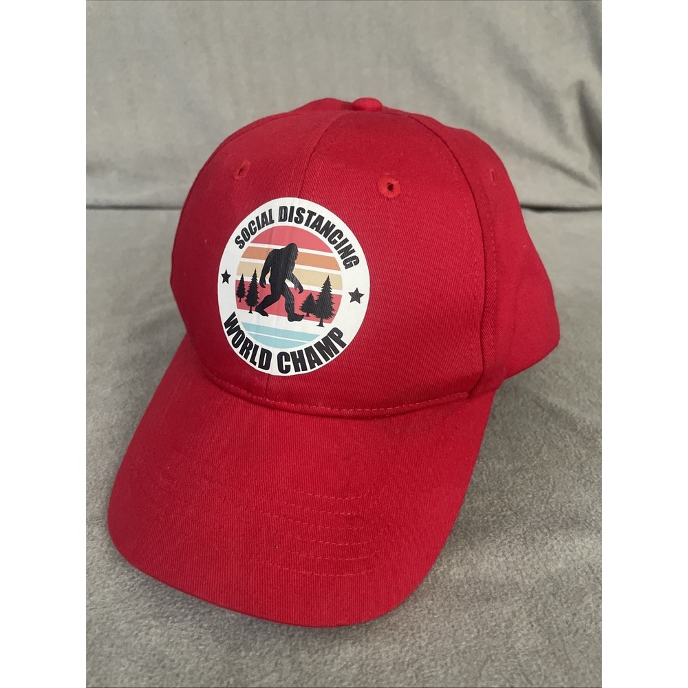 Bigfoot Squatch Social Distancing Red Hat One‎ Size Most Cotton 6 Panel Cap